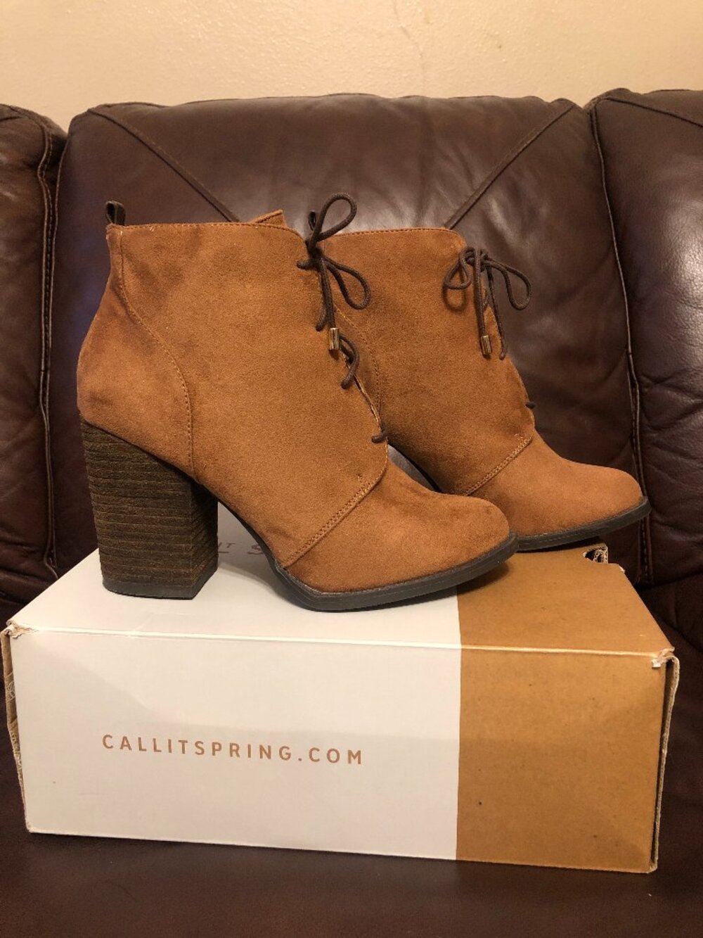 Call It Spring Afaeni Lace Up Block Heel Booties Cognac Tan Suede Size 8